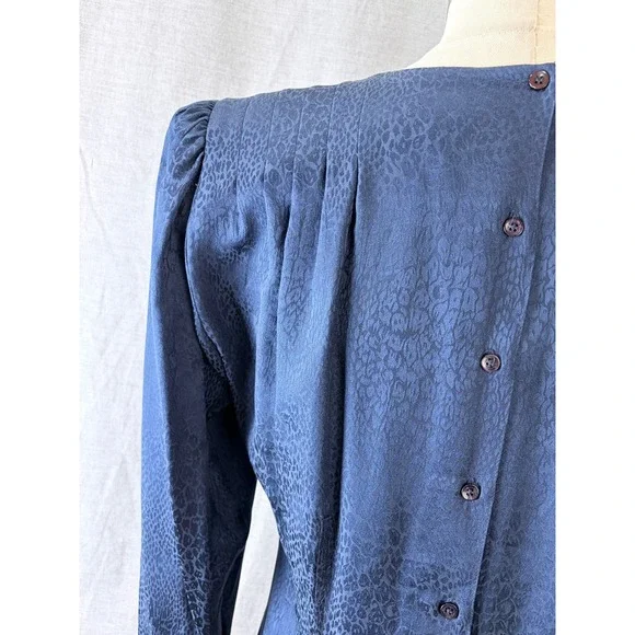 Argenti Vintage 80s Silk Leopard Jacquard Drop Waist Dress Navy 10 Dark Academia - Picture 8 of 8